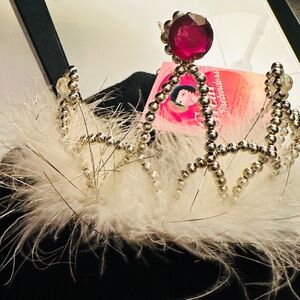 Gold beaded Tiara with white feather boa trimming